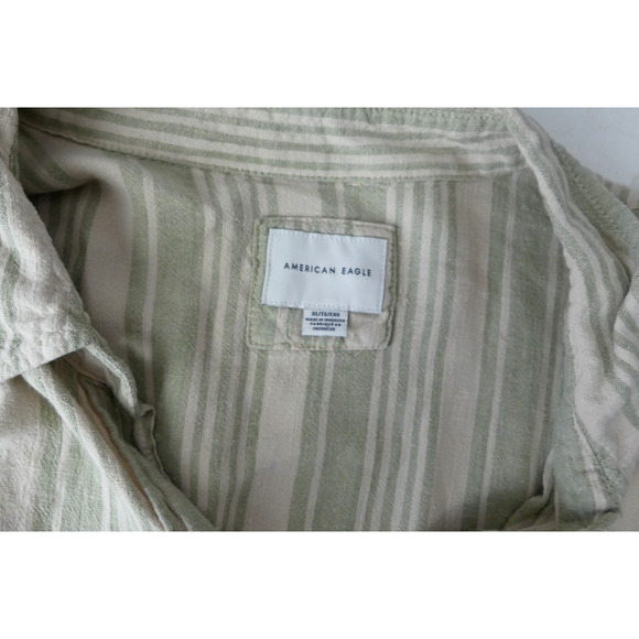 American Eagle Linen Striped Shirt XL Button Oversized Green Woven Cream - Picture 7 of 9
